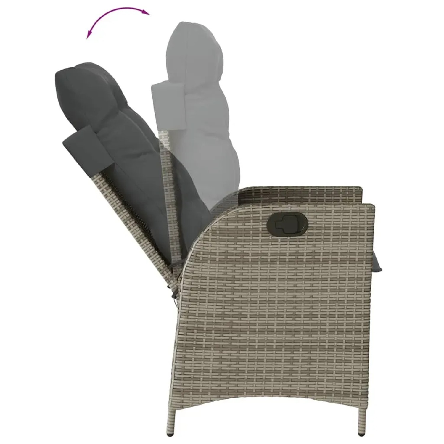 Verstellbarer Gartenstuhl aus grauem Rattan mit Kissen, Teil der vidaXL Garten-Essgruppe.