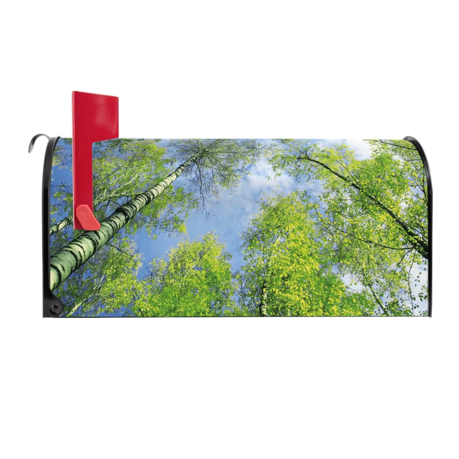 Schwarzer Banjado US Briefkasten mit Birkenwald Motiv und roter Fahne.