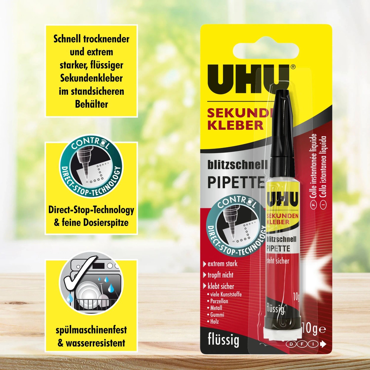 Uhu Sekundenkleber Blitzschnell Pipette, 10g, mit feiner Dosierspitze und Direct-Stop-Technology.