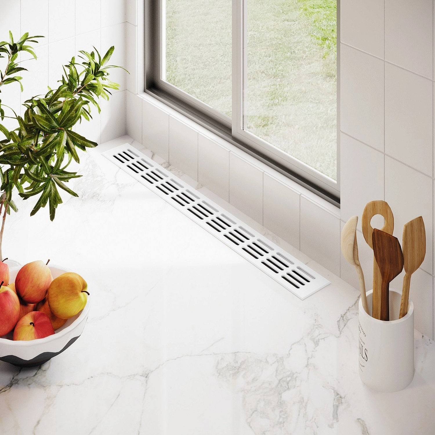 Weißes MS Beschläge Lüftungsgitter (60x200 mm, RAL 9016) im modernen Küchenambiente.