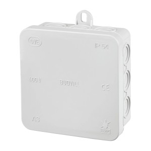 Grauer Abzweigkasten Aufputz 85x85mm IP54 mit Klemmleiste für Innen- und Außenbereich.