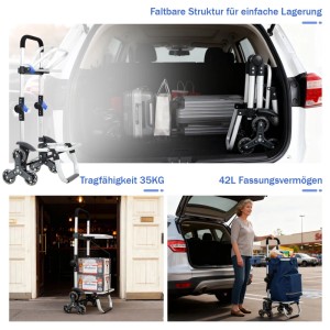 Sekey 3-in-1 Einkaufstrolley blau: faltbar, mit Kühlfach und Treppensteiger-Rädern für bequemes Einkaufen.