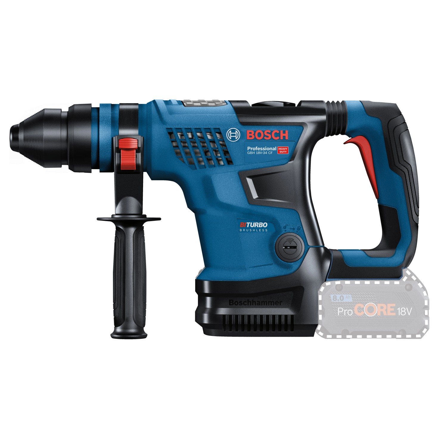 Bosch Professional Akku-Bohrhammer GBH 18V-34 im Koffer, blau/schwarz, mit Zusatzhandgriff und Akku.
