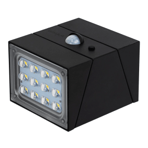 Schwarze LUXULA Solar Wandleuchte mit Bewegungsmelder und einstellbarer Farbtemperatur.