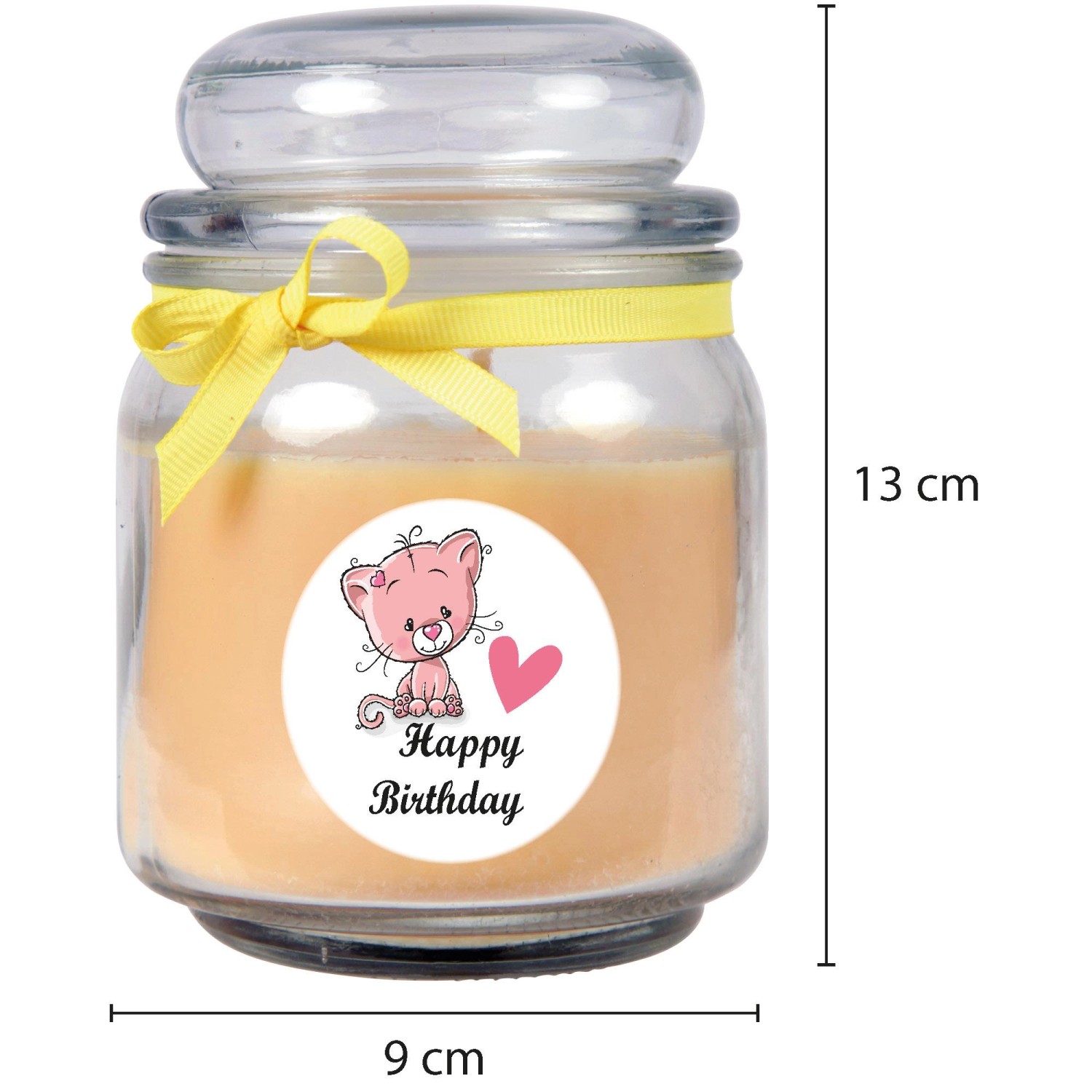 Duftkerze im Glas mit Katze und "Happy Birthday" Aufdruck, gelbe Schleife. Geburtstagsgeschenk.