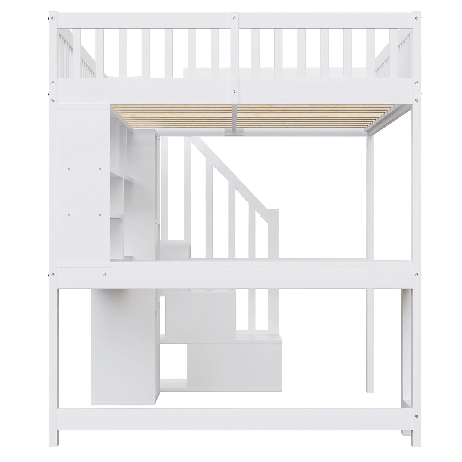 okwish Hochbett 140x200cm mit Regalen und Schreibtisch LED Weiß ohne Matratze