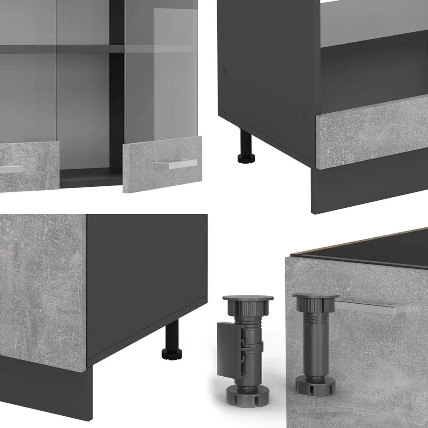 Vicco R-Line Eckküche in Beton/Anthrazit, Details von Schränken und Füßen.