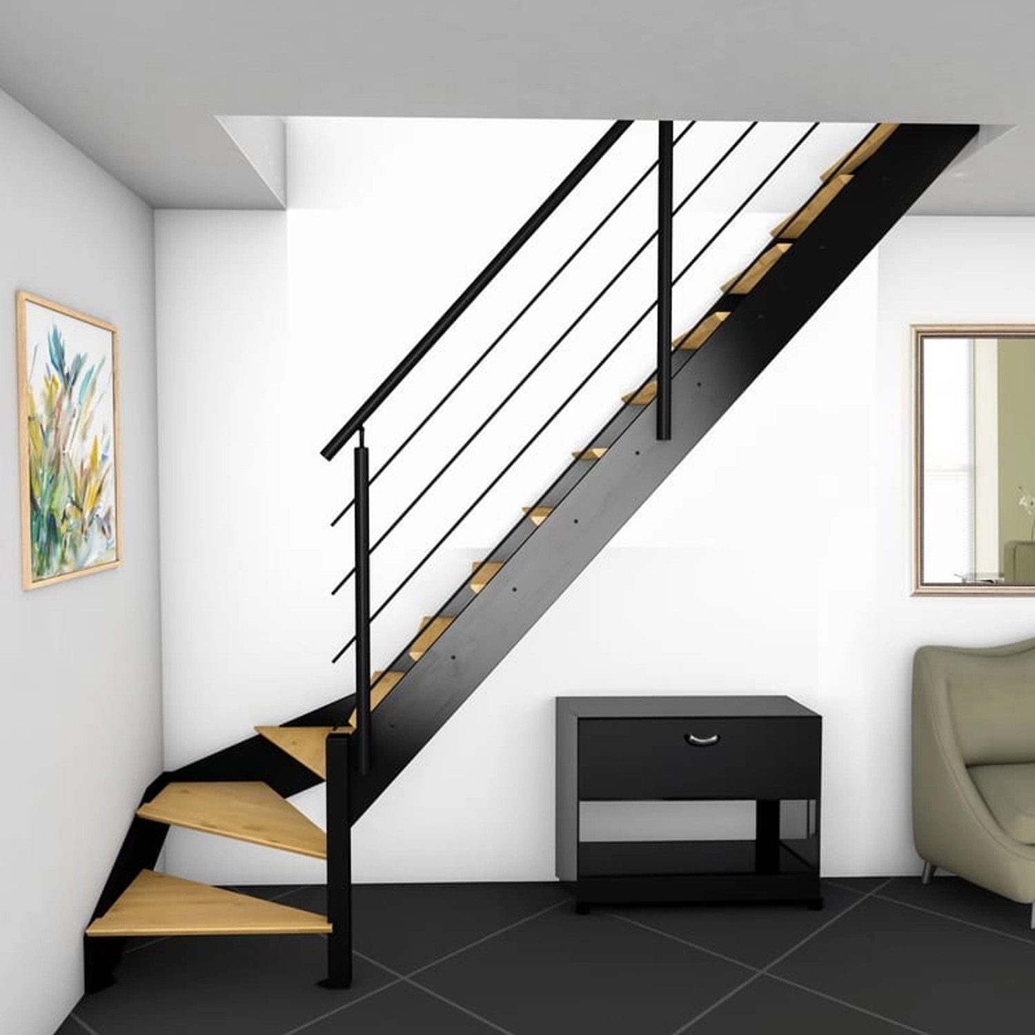 Kordo Treppe 1/4 Gewendelt Rechts Buche LEDs Alugeländer