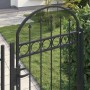 Graues vidaXL Stahl-Gartentor mit geschwungenem Bogen und dekorativen Intarsien. Mit Schloss, im Garten platziert.