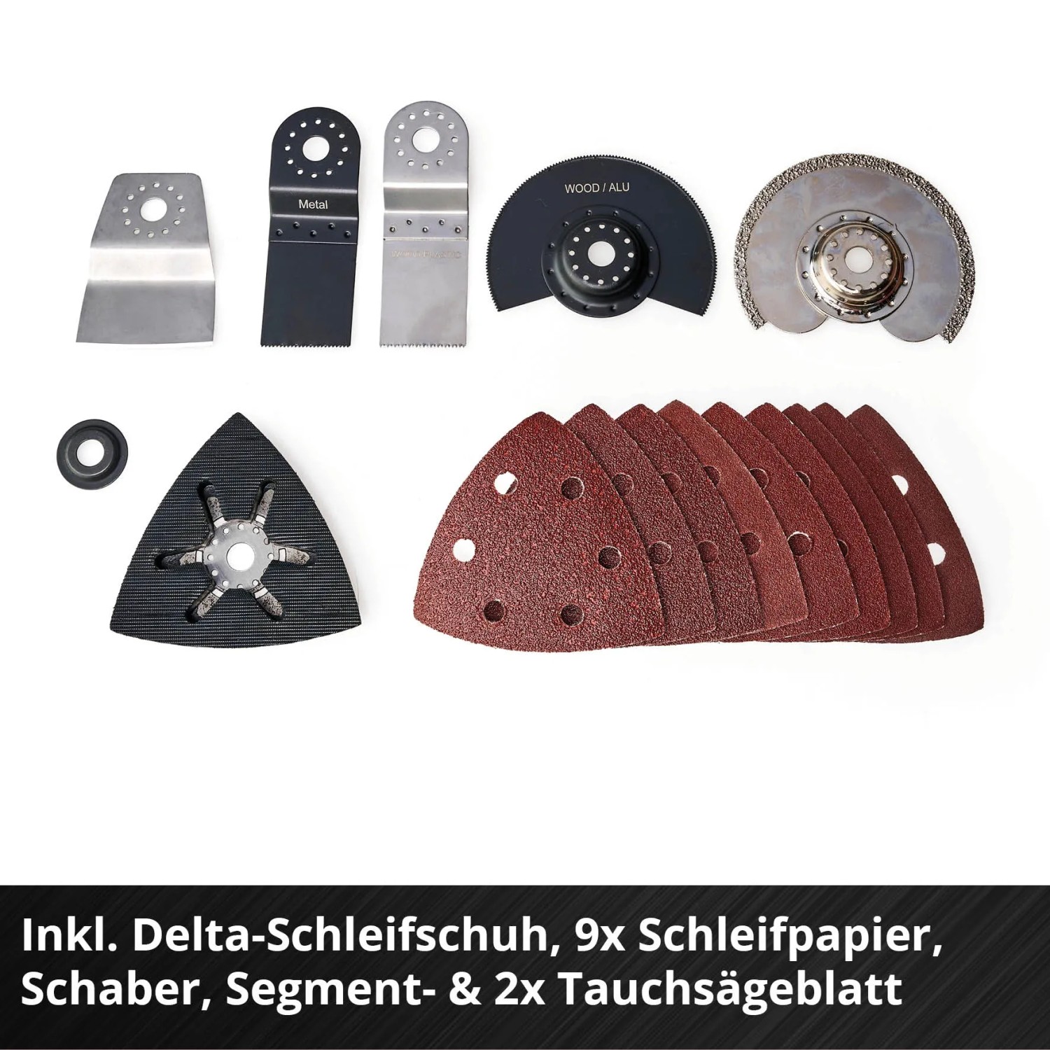 Zubehör für Einhell Multifunktionswerkzeug: Schleifpapier, Sägeblätter, Schaber, Deltaschleifschuh.