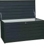 Geöffnete Duramax Metall-Gerätebox Palladium in Anthrazit. Wetterfeste Aufbewahrungsbox für Garten.