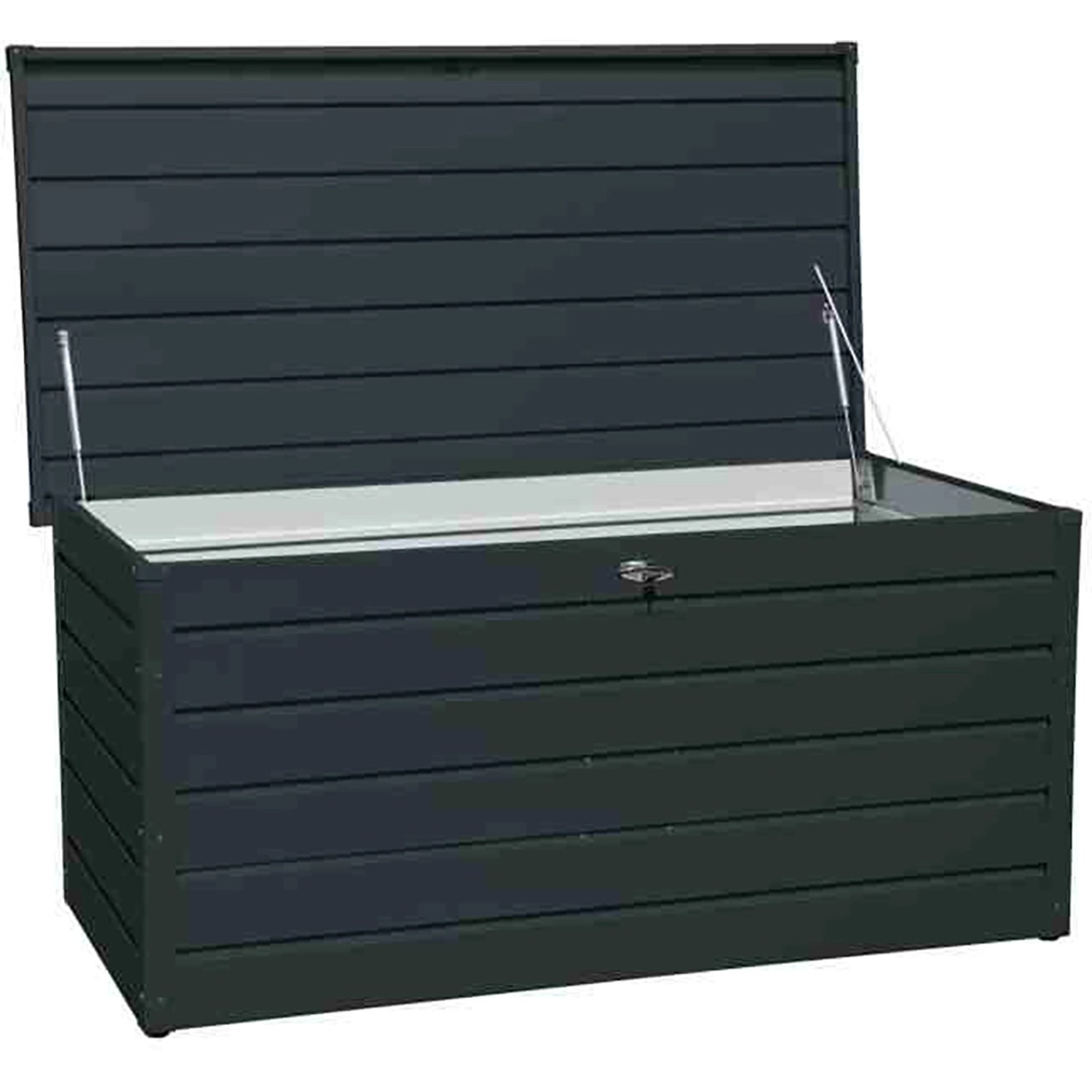Geöffnete Duramax Metall-Gerätebox Palladium in Anthrazit. Wetterfeste Aufbewahrungsbox für Garten.