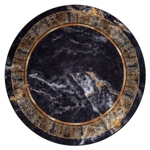 RugsX Teppich Miro Schwarz, 160cm, runder Teppich mit Marmor-Optik und goldenem Muster.