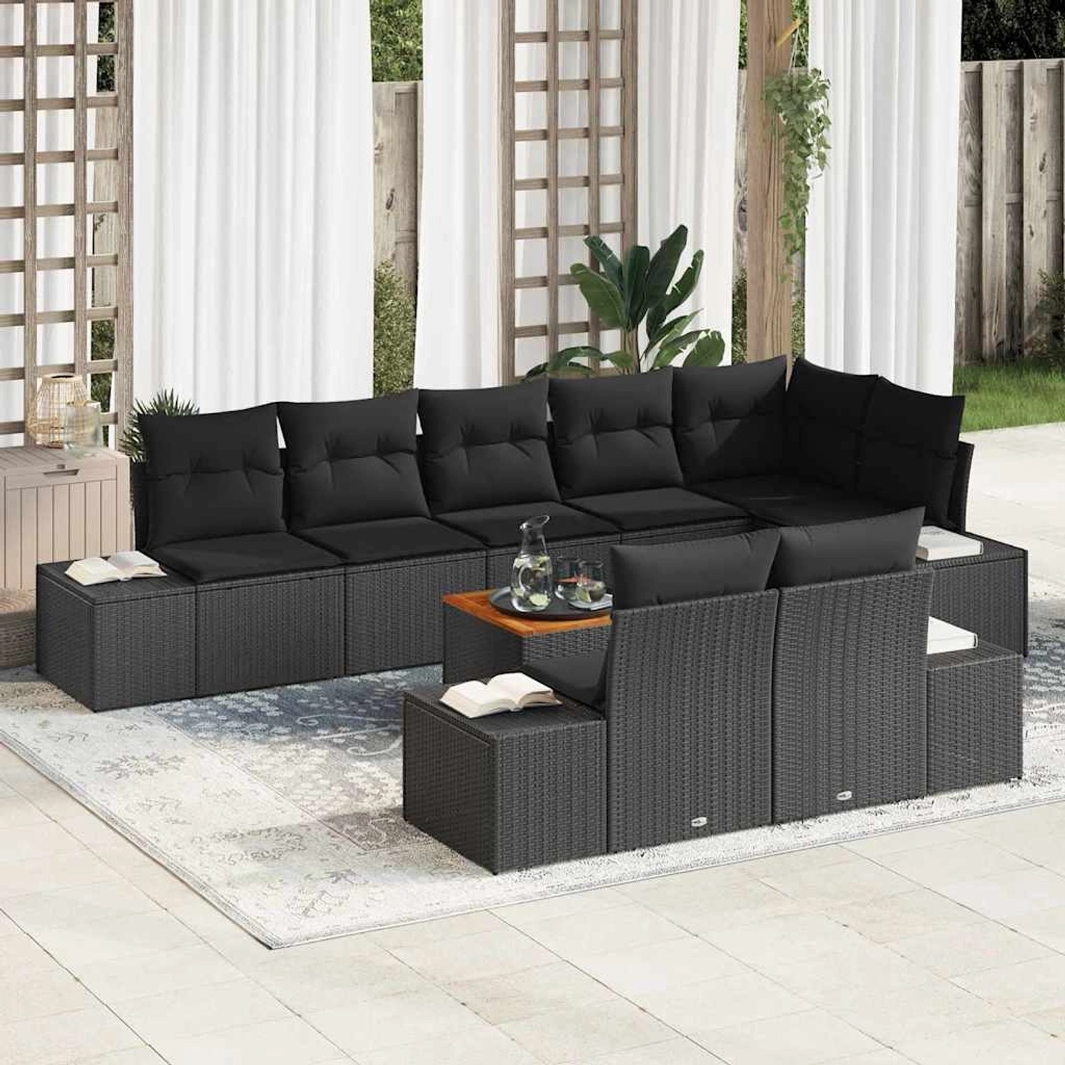 Schwarzes 9-teiliges vidaXL Garten-Sofa-Set aus Poly Rattan mit Kissen für Terrasse und Garten.