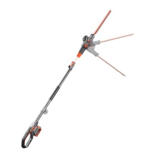 FUXTEC 20V Akku-Hochheckenschere, grau-orange, mit Teleskopstiel und verstellbarem Kopf für hohe Hecken. Kabellose Gartenarbeit.