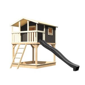 Karibu Stelzenhaus Benjamin mit Rutsche, natur-grau, aus Holz mit Leiter und Rutsche.
