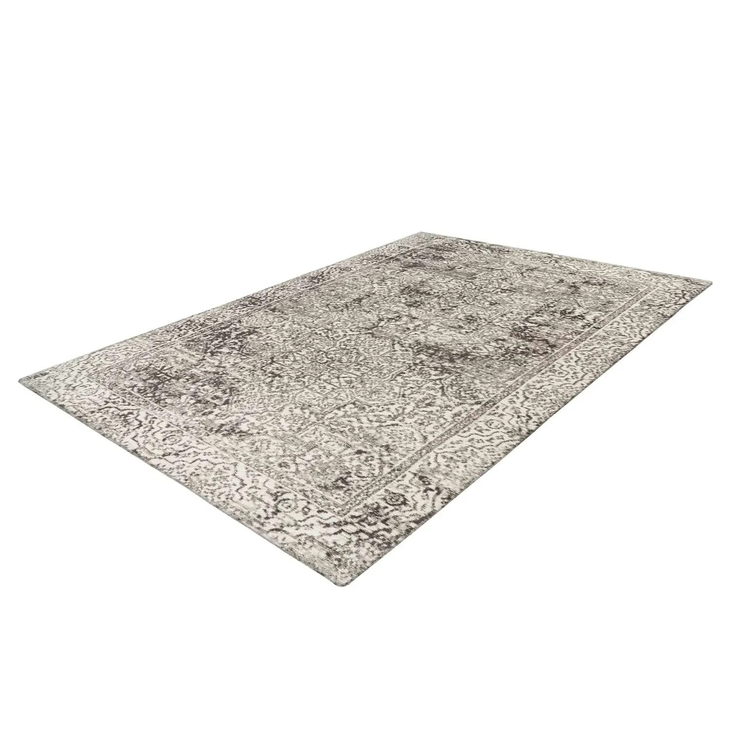 Grauer Kurzflor Teppich im Vintage-Look, 160x230 cm, mit orientalischen Mustern.