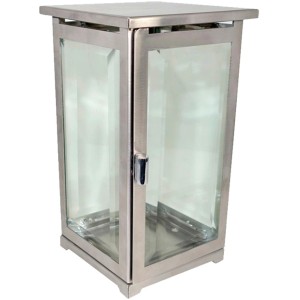 Moderne Moll Grablampe aus Edelstahl mit Facettenglas und Erdspieß, 24x15x15 cm.