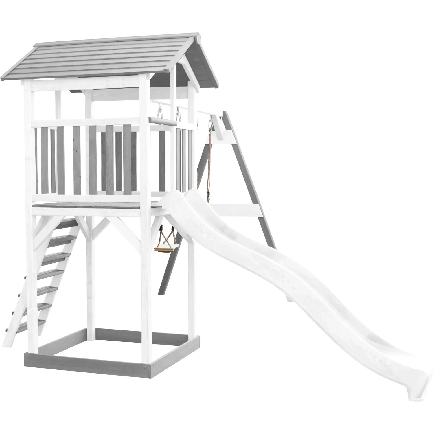 Axi Beach Tower Spielturm mit Doppelschaukel und weißer Rutsche, 349x357x242 cm.