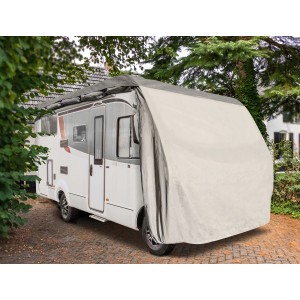 Wohnmobil-Schutzhülle (750x235x270cm) in Beige schützt vor Witterung und Schmutz.
