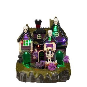 Luville Halloween-Haus mit Zug, beleuchtet. Lila Spukhaus mit Skeletten, Figur und Zug für gruselige Dekoration.