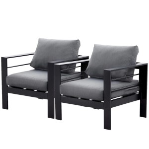 MeXo Gartensessel 2er Set, wetterfeste Outdoor Loungesessel in Schwarz mit grauen Kissen.