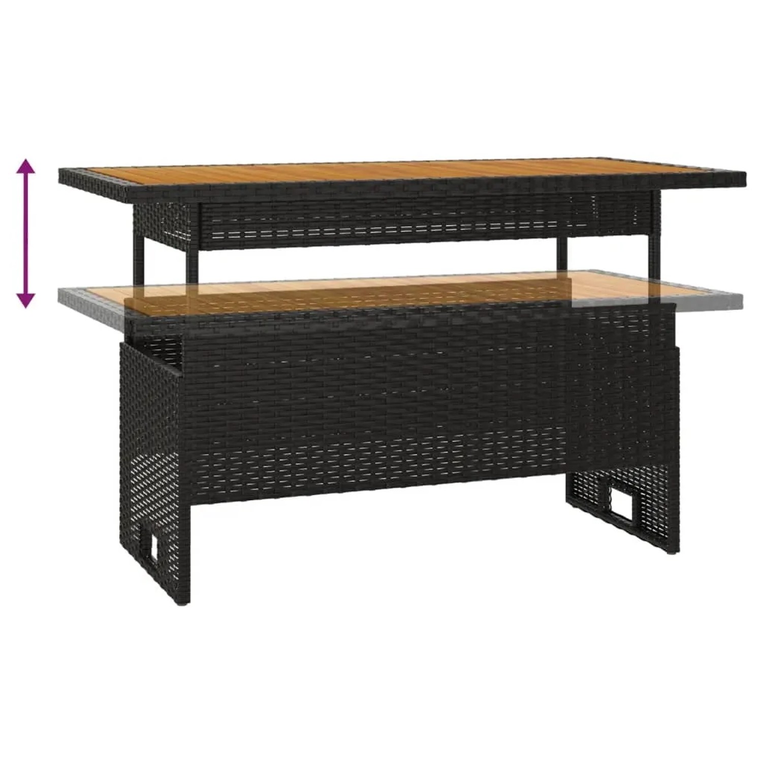 Verstellbarer Gartentisch aus schwarzem Poly Rattan und Akazienholz, Teil des vidaXL Lounge Sets.