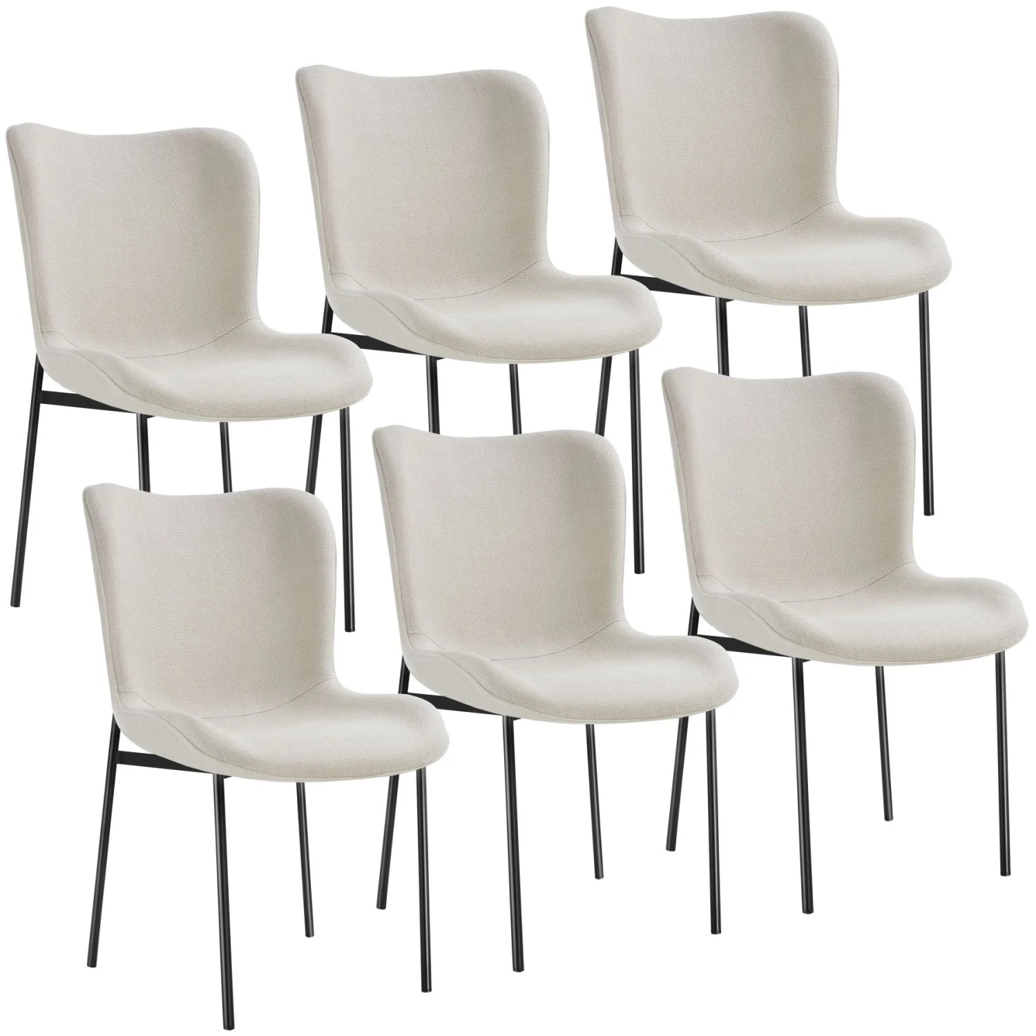 Tectake Polsterstuhl  Tessa Ergonomische Form Mit Hoher Rückenlehne Schlanke Stahlbeine 6Er Set 62 x 54 x 90 cm Webstoff Off White Schwarz