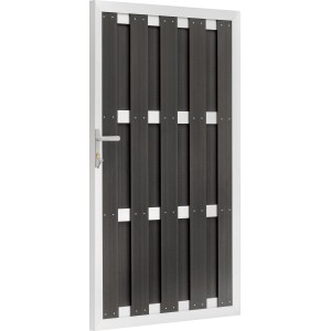 Anthrazitfarbene WPC-Tür mit Aluminiumrahmen, Teil eines Sichtschutzzauns für Garten und Terrasse.