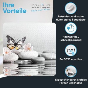 SANILO Badematte Vanesa mit Schmetterling und Steinen, rutschfest für Dusche und Badewanne.