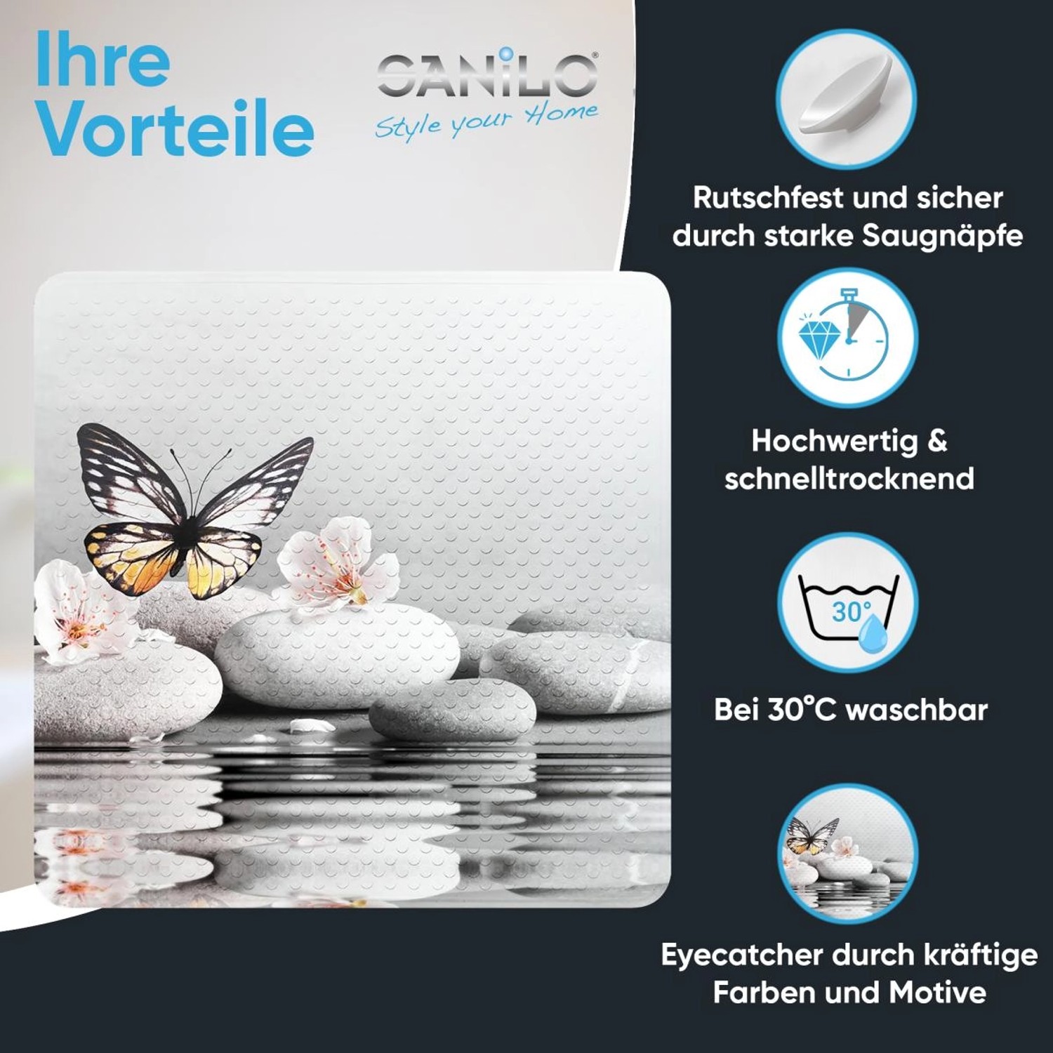SANILO Badematte Vanesa mit Schmetterling und Steinen, rutschfest für Dusche und Badewanne.