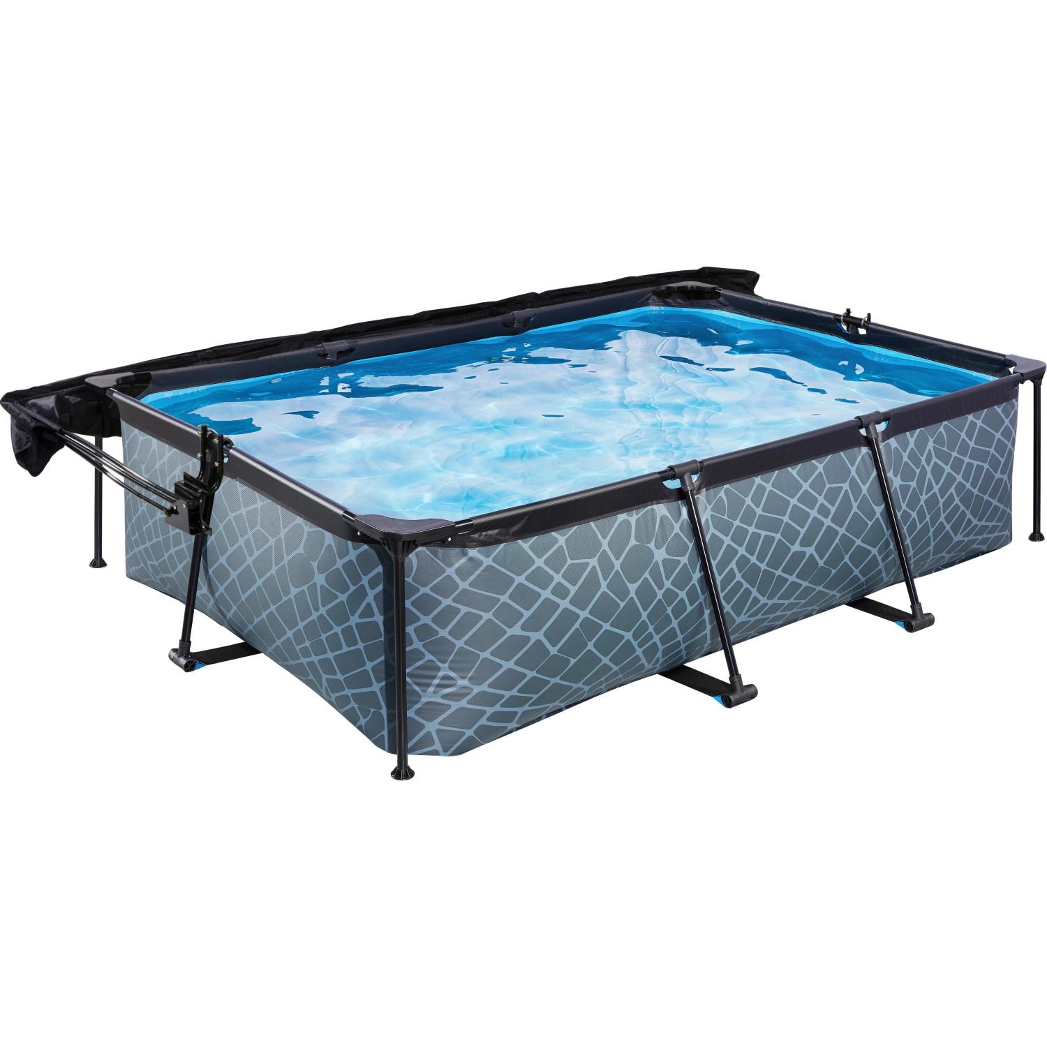 Rechteckiger, grauer EXIT Stone Pool 220x150x65 cm mit Filterpumpe und Sonnensegel.