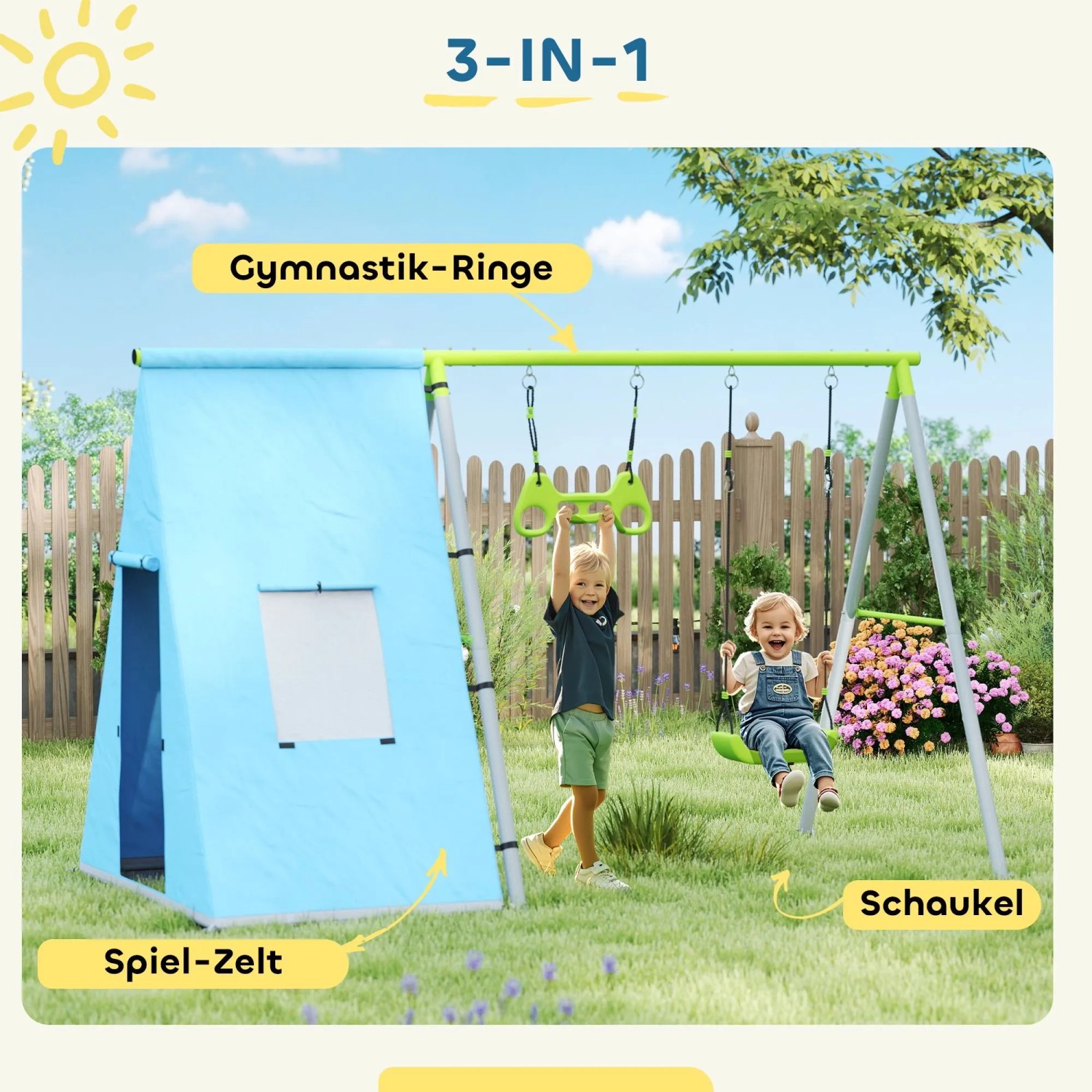 Kinder spielen an 3-in-1 Outdoor Schaukelgestell mit blauem Spielzelt, grünen Turnringen und Schaukel.