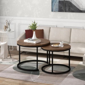 ModernLuxe 2er Set Satztische Rund Beistelltische MDF Nussbaum Schwarz