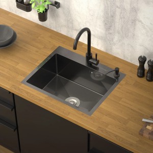 Anthrazitfarbenes ML-Design Edelstahl Spülbecken 55x45 cm mit Siphon und Seifenspender.