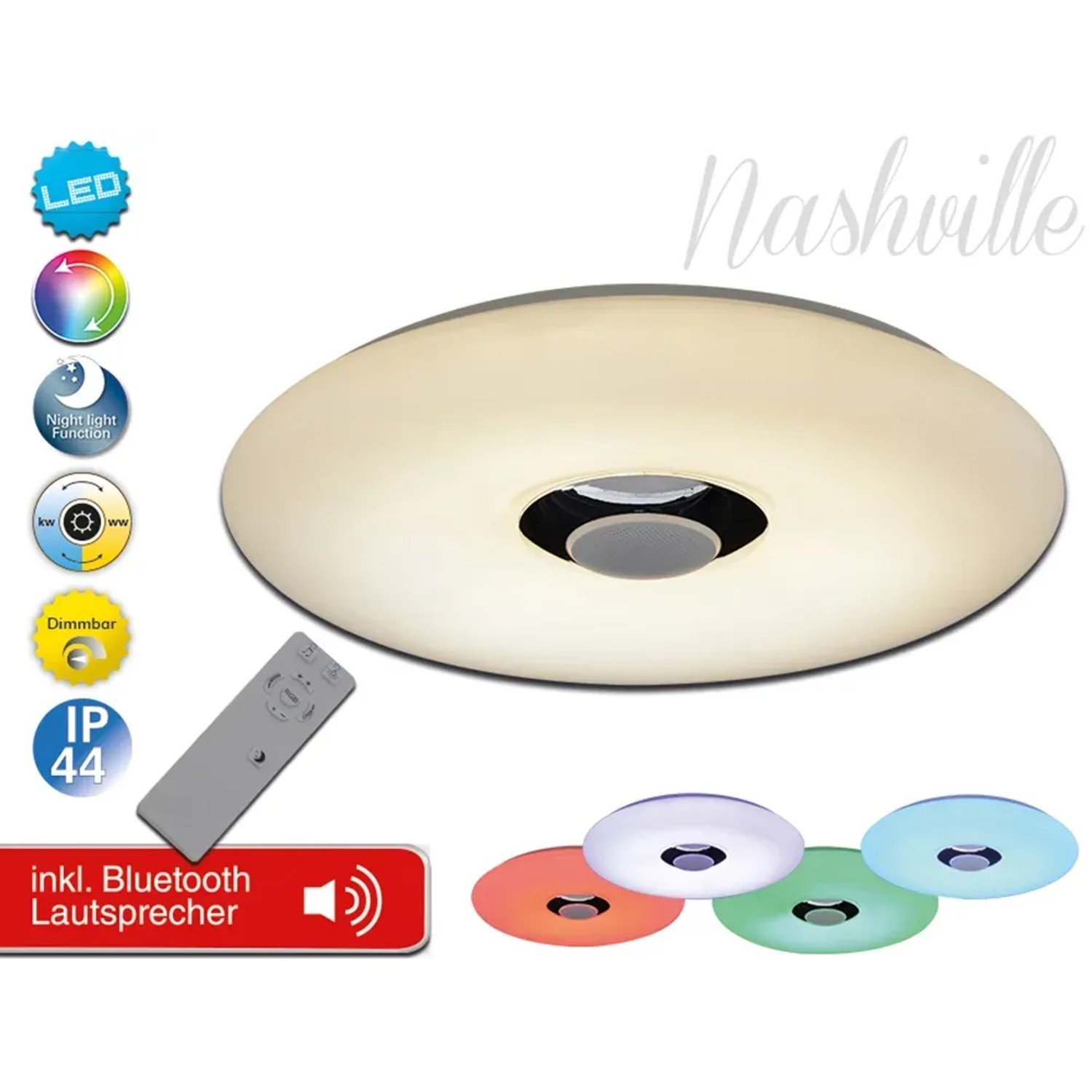 Weiße LED-Deckenleuchte Nashville mit Bluetooth Lautsprecher und Fernbedienung.