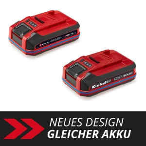 Zwei rote Einhell 18V Akkus 3,0 Ah Power X-Change Plus für Elektrowerkzeuge.