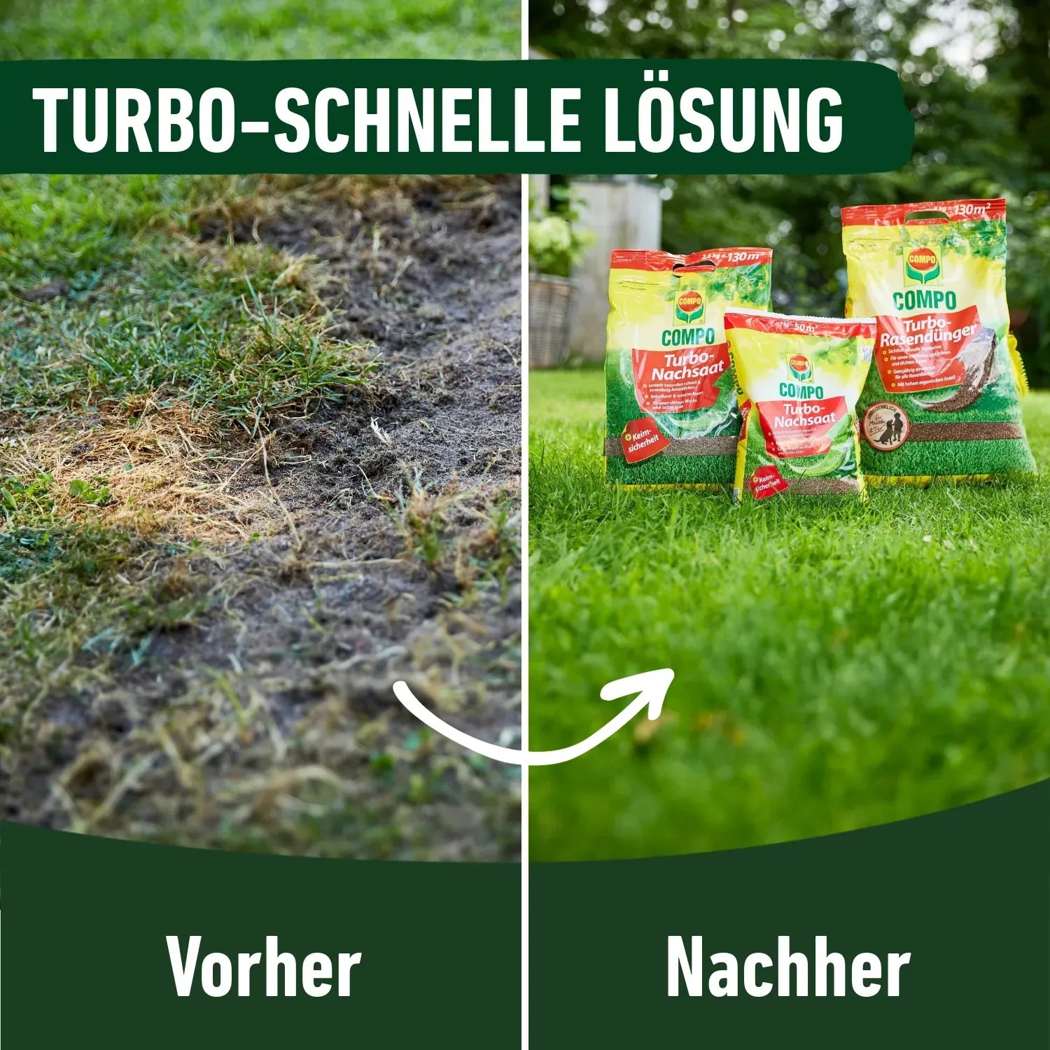 Vorher/Nachher: Rasenfläche mit Compo Rasendünger Turbo, für schnelles Wachstum und einen grünen Rasen.