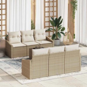 Beiges vidaXL Sofa Set, 7-teilig, aus Poly-Rattan mit Kissen. Lounge-Gartenmöbel für Terrasse und Garten.
