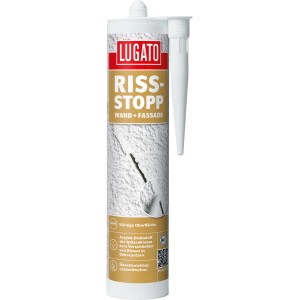 Weiße Acryl Riss-Stopp Kartusche für Wand und Fassade mit körniger Oberfläche.