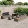 Graues 10-teiliges vidaXL Garten-Sofa-Set aus Poly Rattan mit Tisch und Kissen.