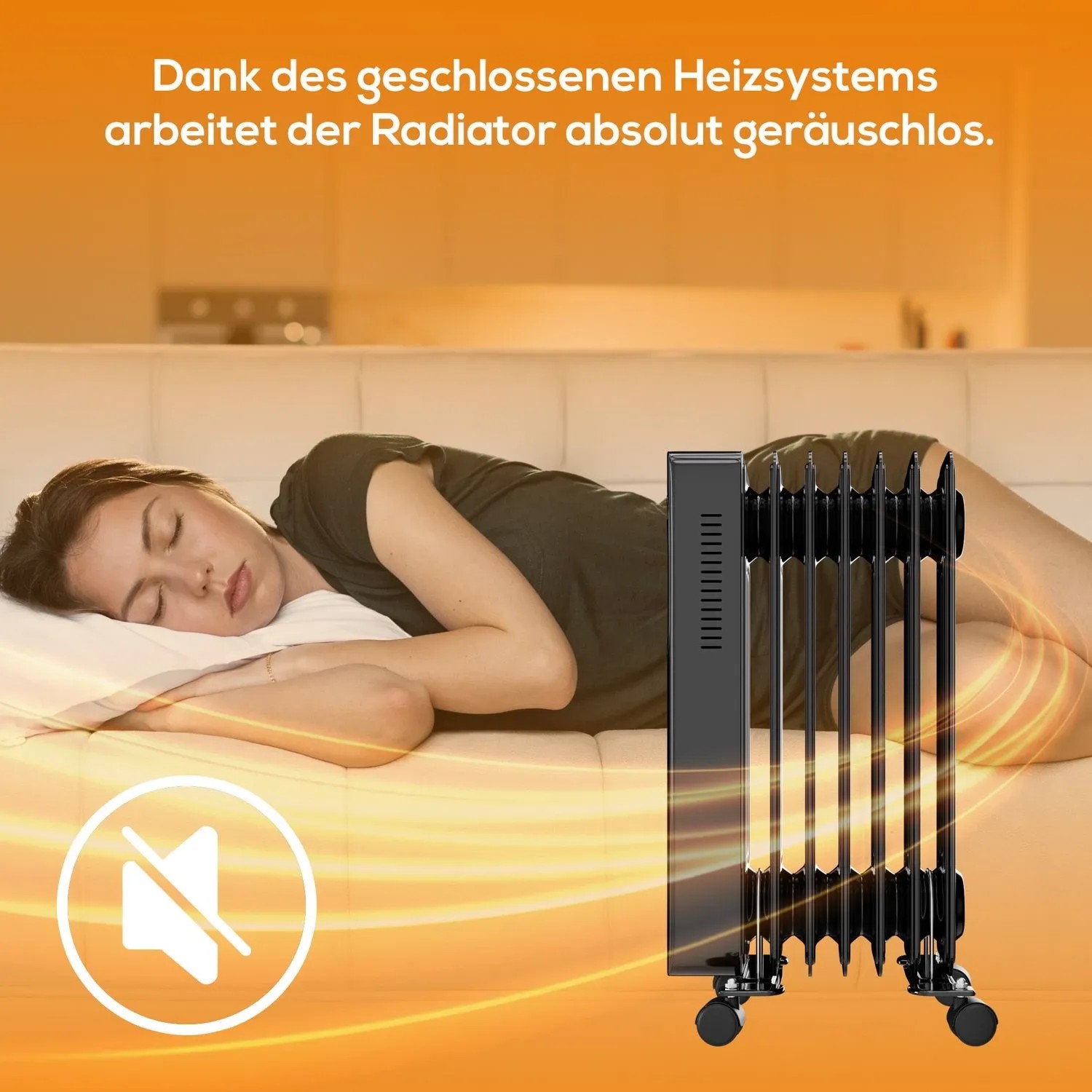 Schwarzer TroniTechnik Ölradiator TT OR 307 mit 7 Rippen und WiFi neben schlafender Person.