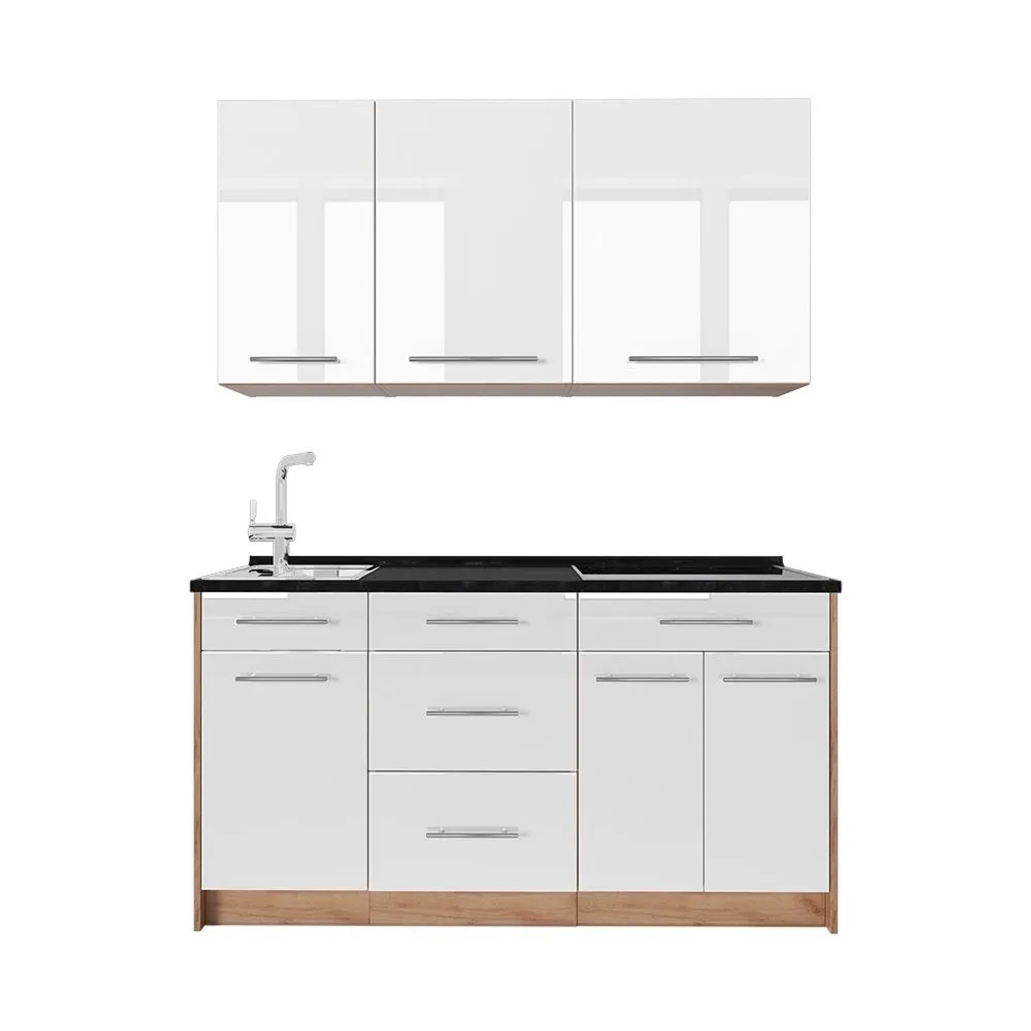 Vicco Singleküche Fame-Line Weiß Hochglanz/Goldkraft Eiche 150 x 82 ohne Arbeitsplatte Art Nr 64798