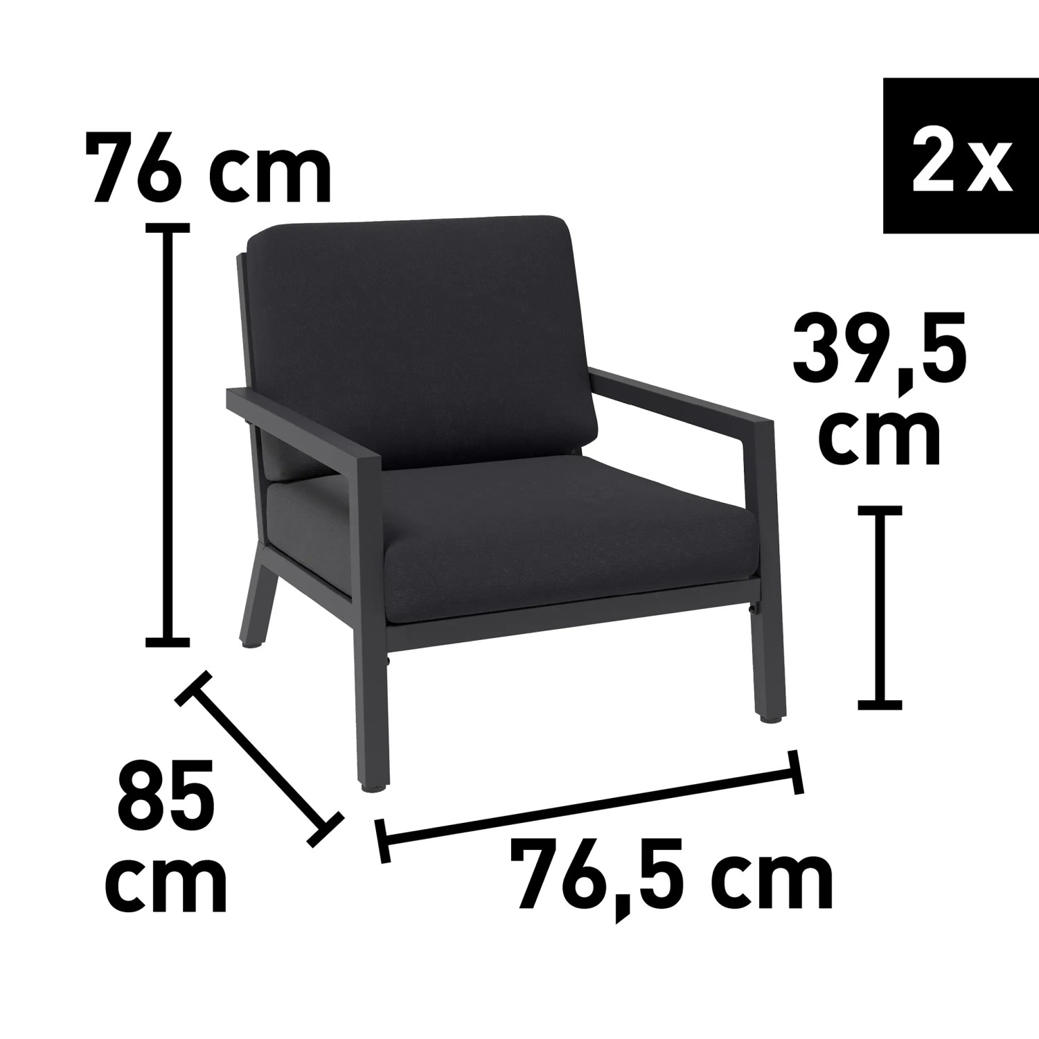 Detailaufnahme Lounge-Sessel Springtown, Aluminium schwarz, Maße: 76x76,5x85cm, Sitzhöhe 39,5cm, 2 Stück