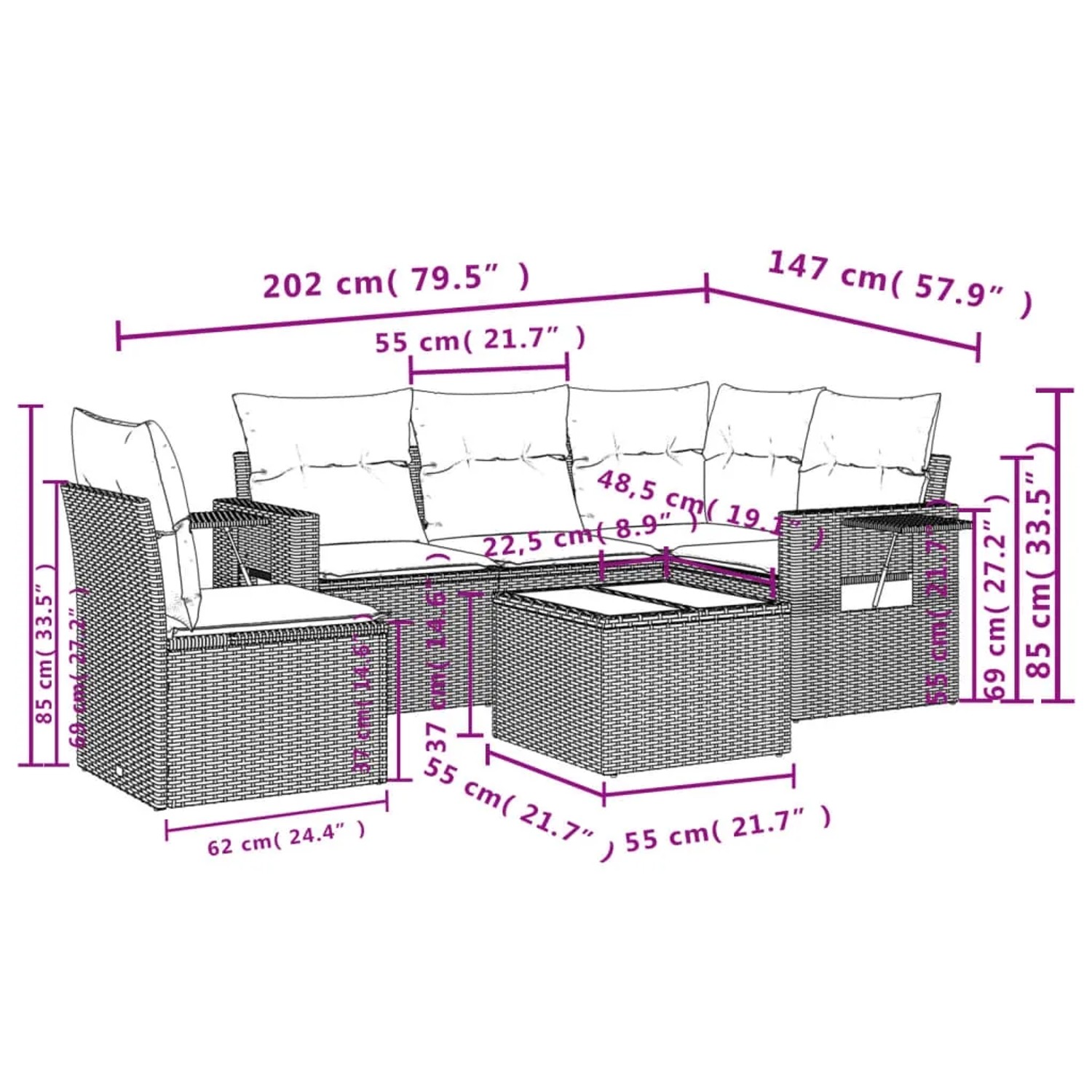 Beige 6-tlg. Garten-Sofagarnitur aus Polyrattan mit hellgrauen Kissen und Tisch mit Glasplatte.