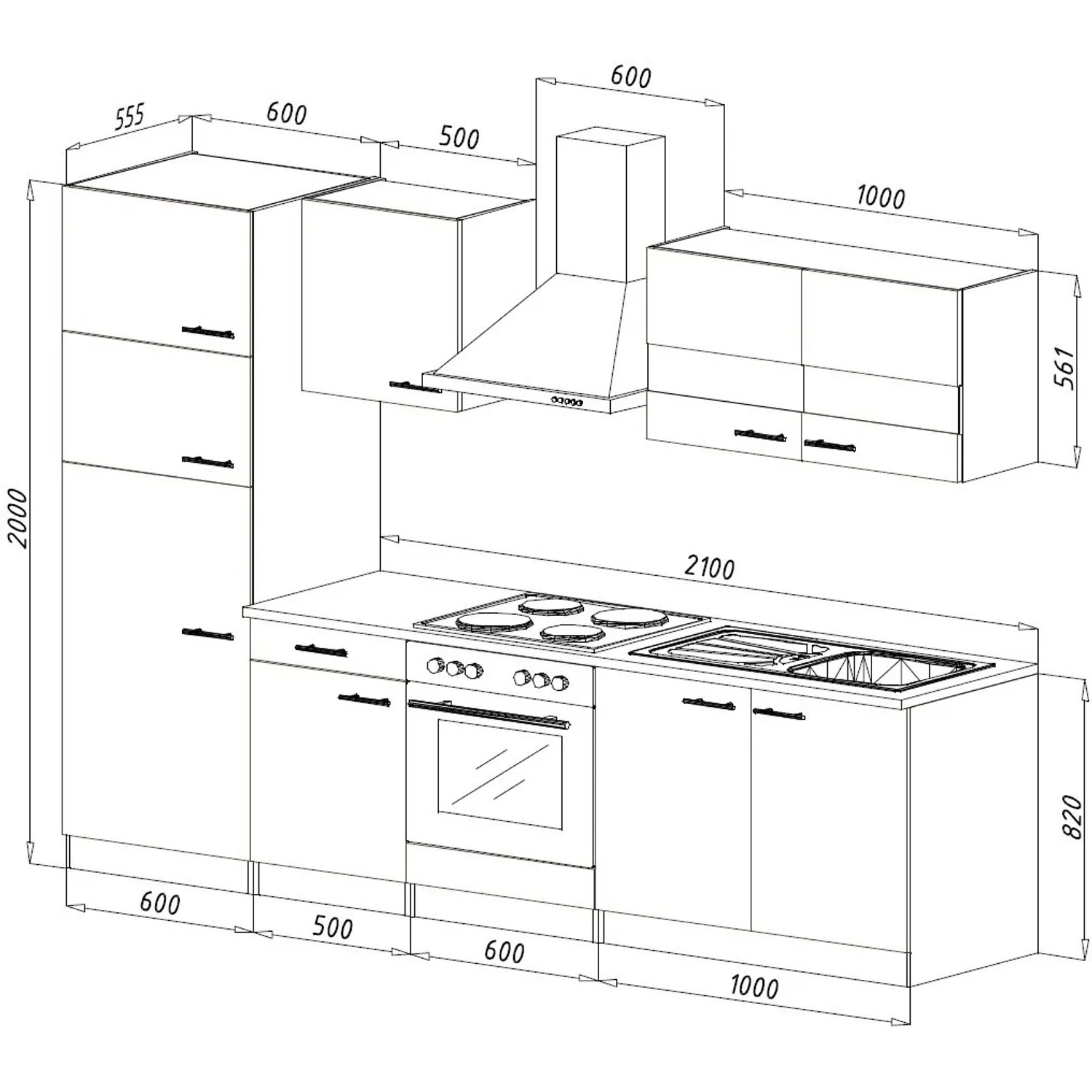 Respekta Küchenzeile KB270ESSCGKE, 270 cm, Schwarz/Eiche Sägerau Nachbildung, mit E-Geräten und Spüle.