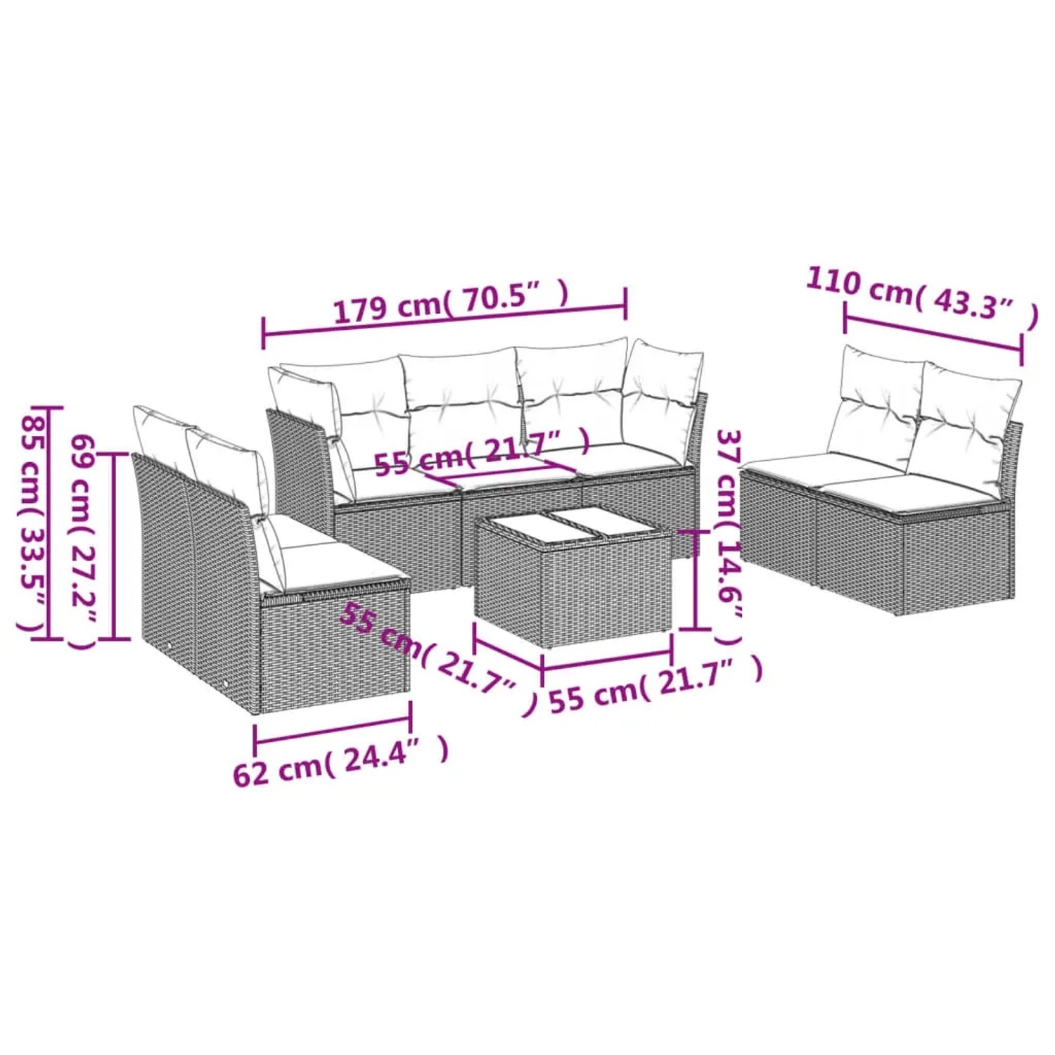 vidaXL Garten-Sofagarnitur, 8-teilig, schwarz, Poly Rattan mit Kissen. Gartenmöbel-Set mit Tisch, Sofas und Kissen.