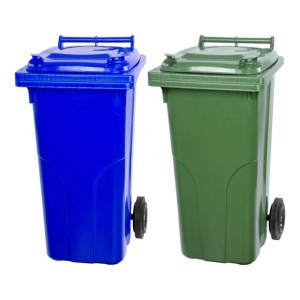 PROREGAL Mülltonnen-Set: 1 blaue & 1 grüne 120L Tonne aus HDPE-Kunststoff mit Rädern.