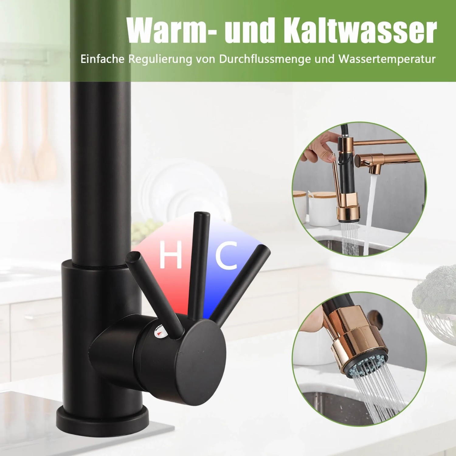 Gold-schwarze Küchenarmatur mit Einhebelmischer für Warm- und Kaltwasser. Ausziehbare Brause mit 2 Strahlarten für Spüle.