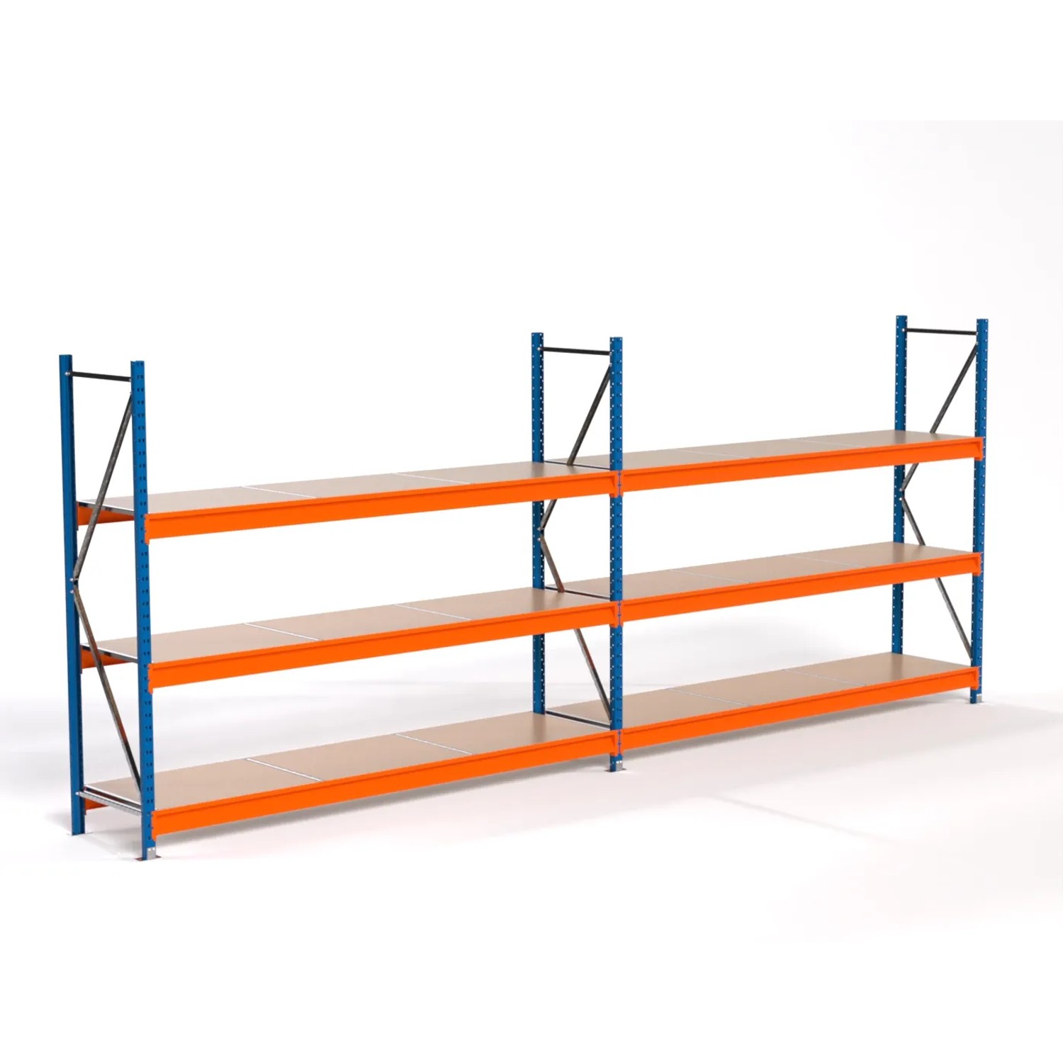 PROREGAL Industrie Weitspannregal Lagerregal MAXIMUS PRO Komplettregal 2 Felder HxBxT 200x500x60cm 3 Spanplatten-Fachboden Fachlast 530kg Blau/Orange